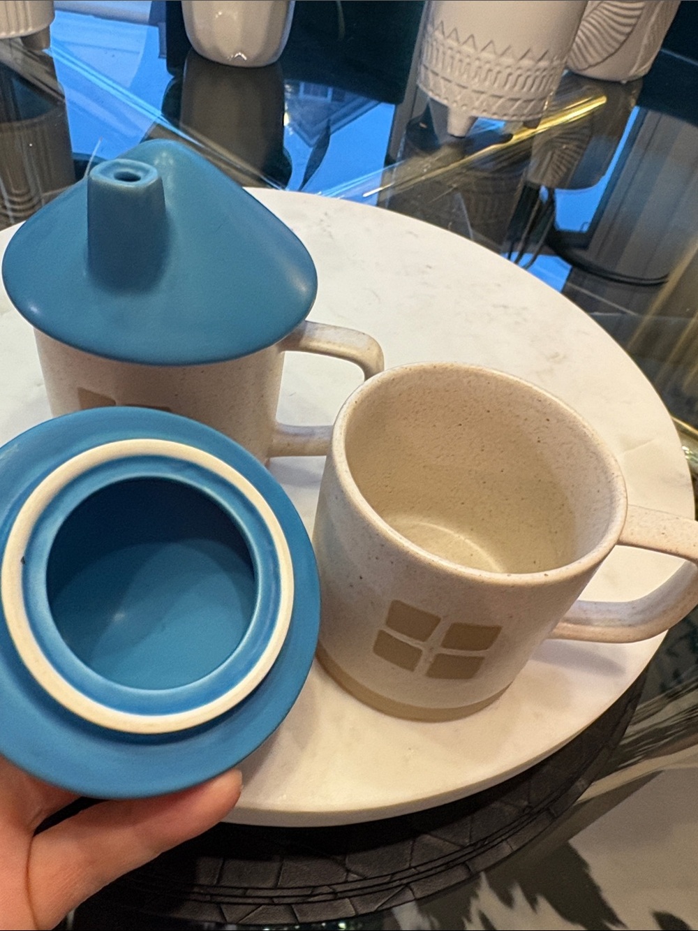 Ceramic House-Shaped Sugar & Creamer Set in Blue and Beige - Picture 3 of 4